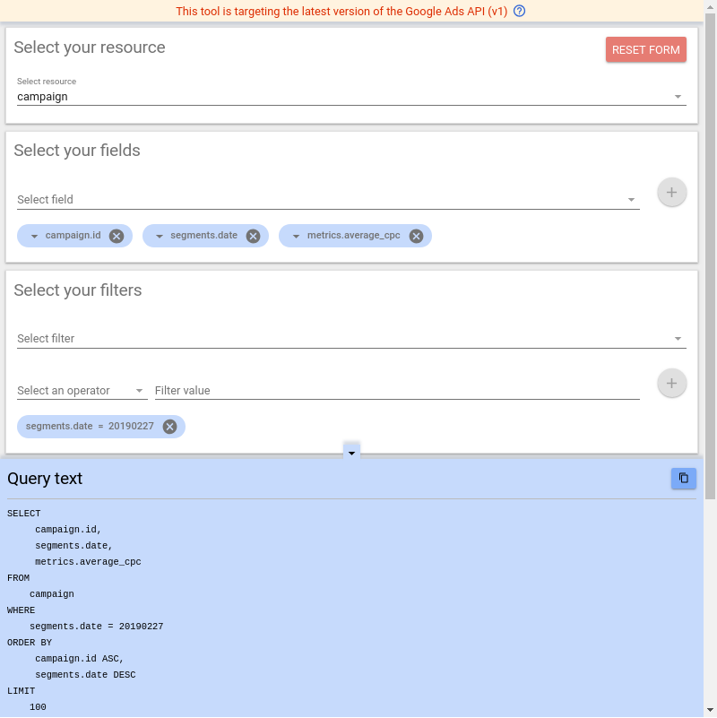A screenshot showing a sample usage of the Google Ads Query Builder UI, including both filtering and ordering.